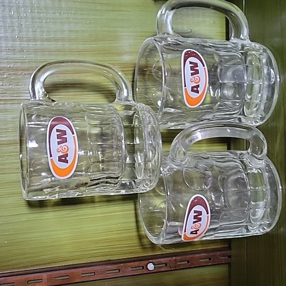 3  vintage mugs  A&W Root beer glass